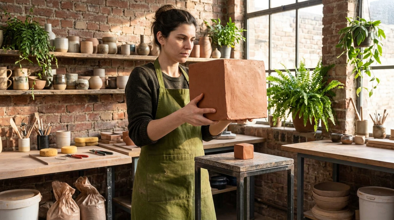 A ceramic sculptor holding a large clay cube beside a smaller cube on a pedestal in a pottery workshop.
