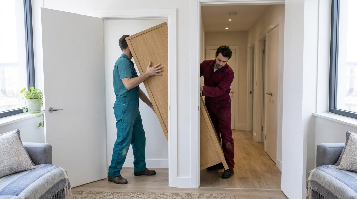 Two movers angling a tall wooden cabinet through a narrow apartment doorway.