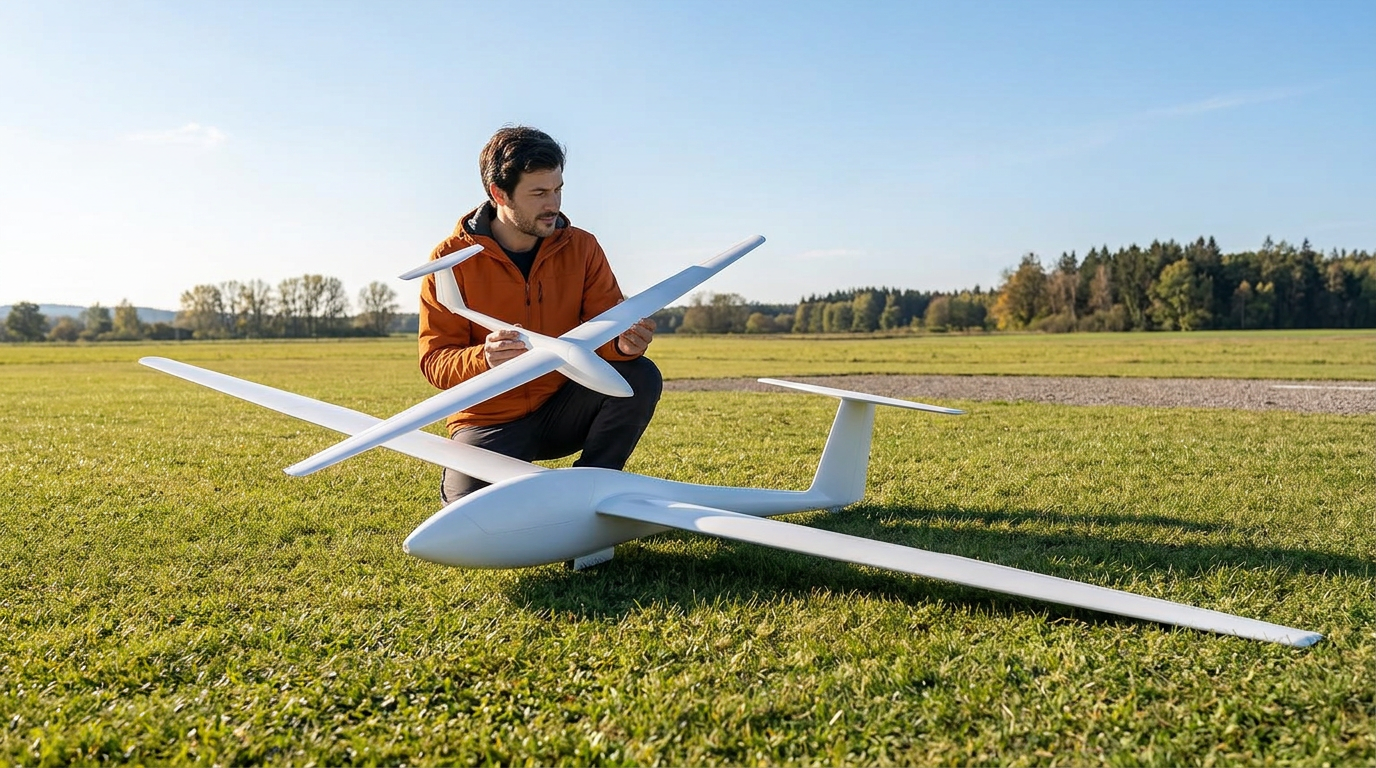 A hobbyist kneeling on an outdoor airfield with a small model glider beside a larger glider on the grass.