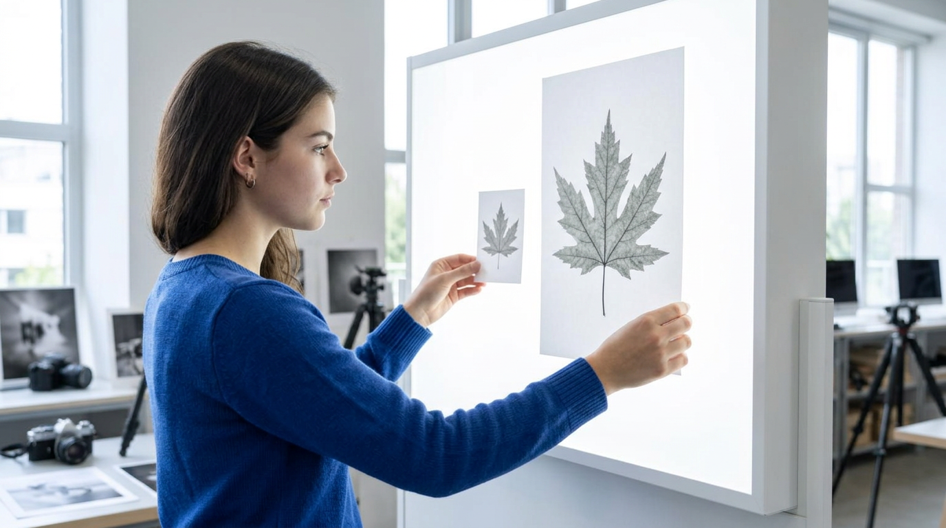 A photography student comparing small and enlarged prints of the same leaf at a lightbox.