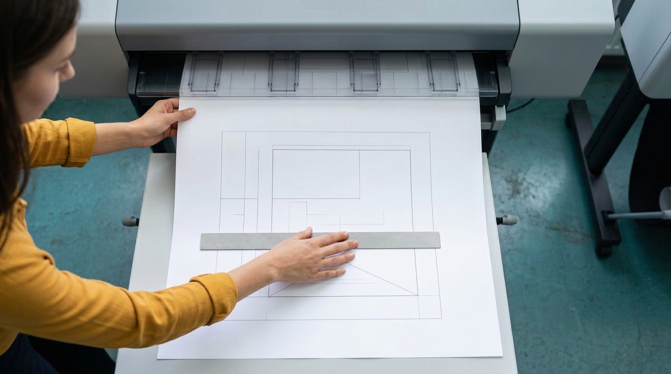 A print-shop worker placing a plain straightedge on a geometric drawing emerging from a large-format printer.