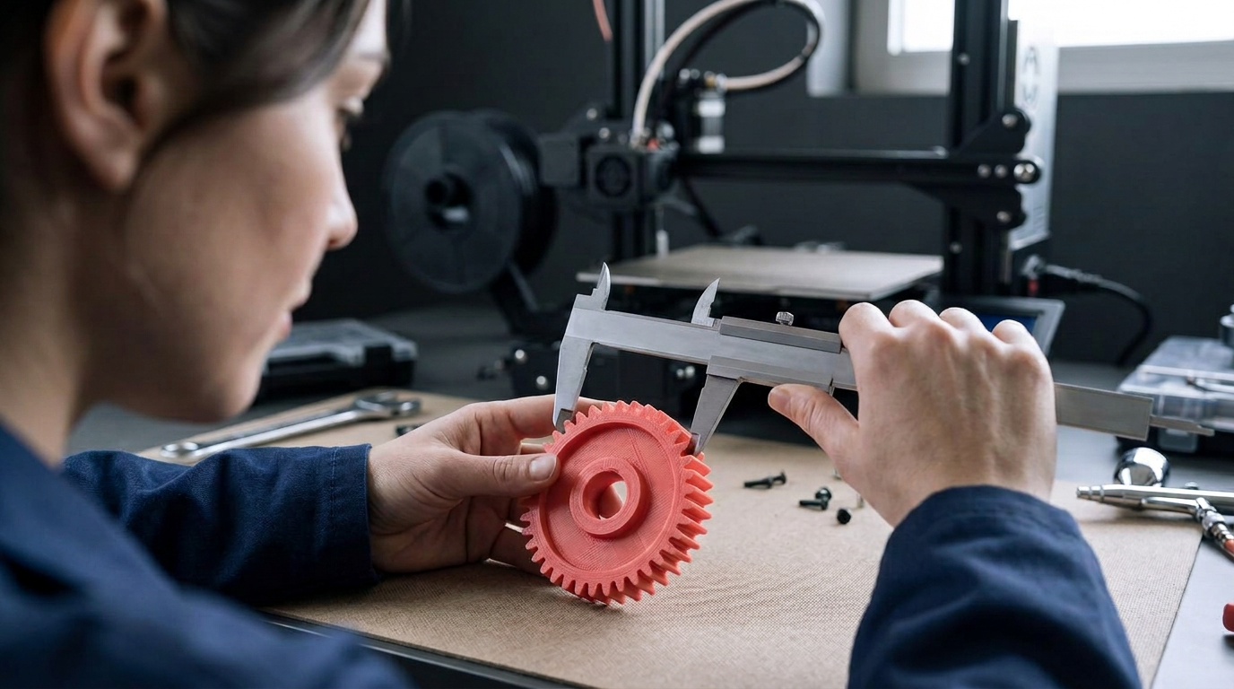 A technician positioning a mechanical caliper against a red 3D-printed gear, with a printer in the background.
