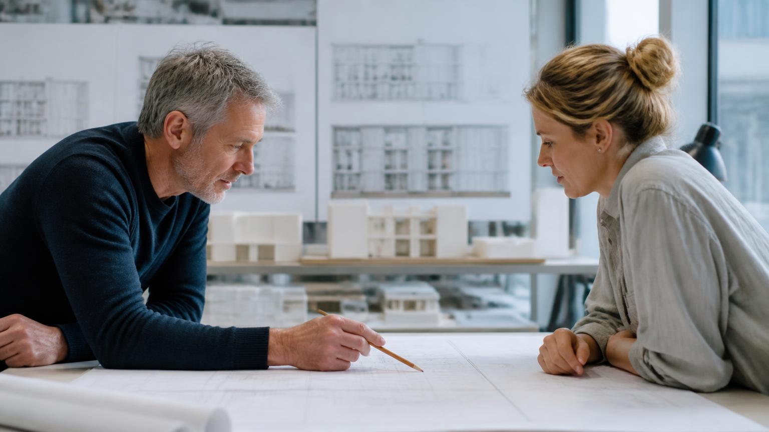 Two people at a table discussing a large building drawing, with a study model behind them.