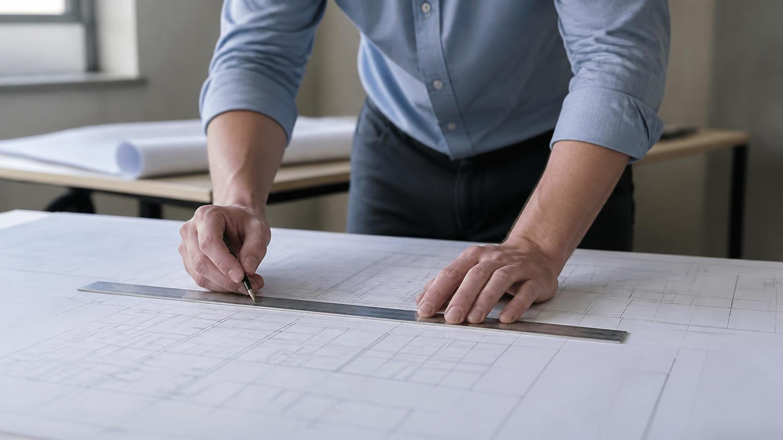 Hands measuring a large printed technical drawing on a table with a steel ruler.