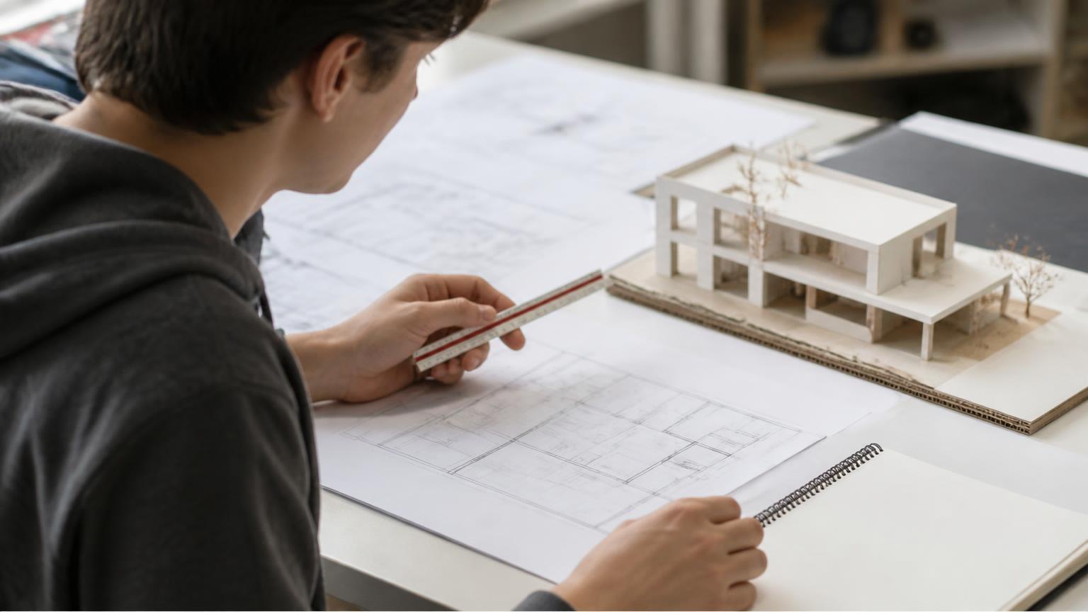 A student at a desk comparing a printed plan with a small white study model, holding a scale ruler.