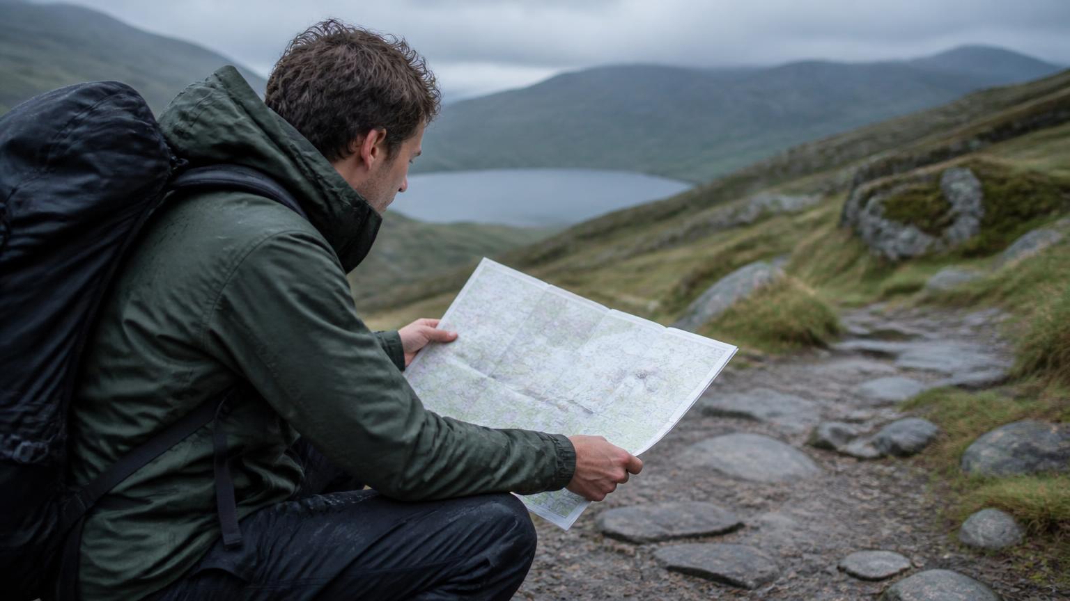 A hiker crouching on a rocky trail with an open paper map, looking out over a valley.